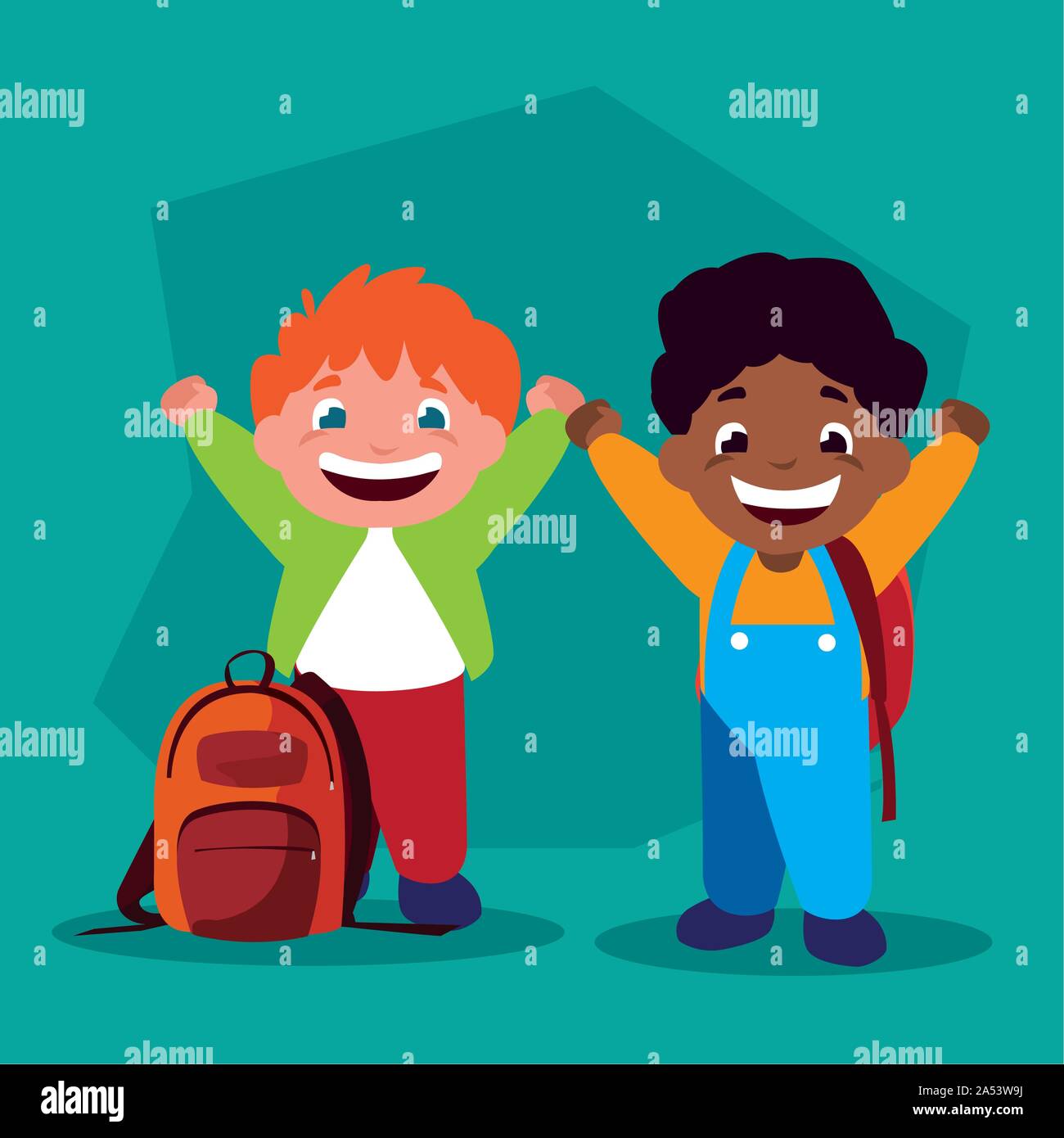student boys with school supplies, back to school vector illustration ...