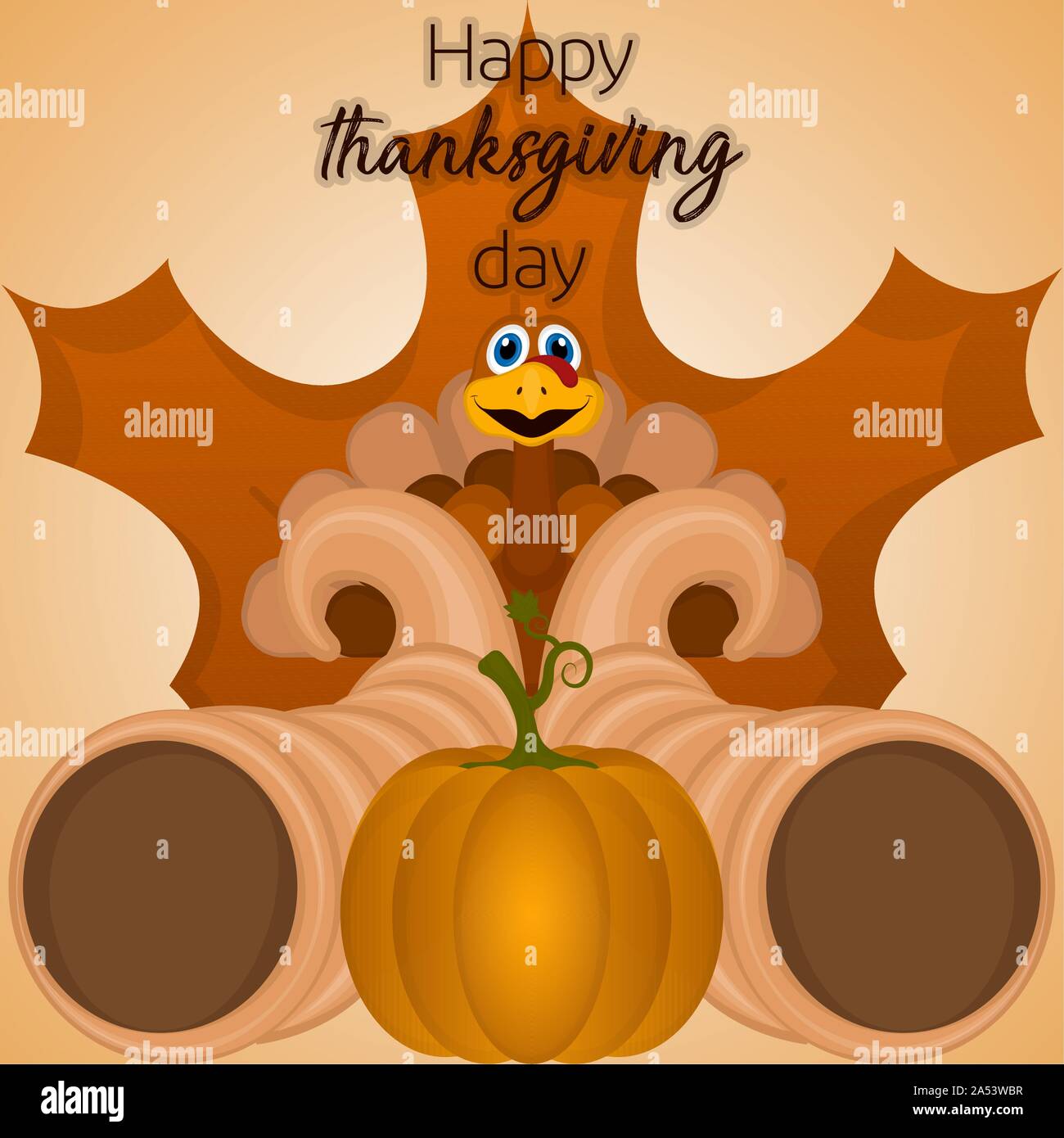 Happy thanksgiving day card with a turkey, cornucopias, pumpkin and ...