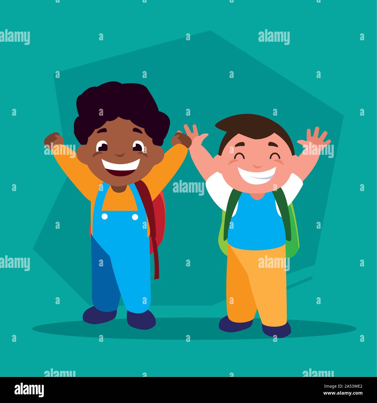 student boys with school supplies, back to school vector illustration ...