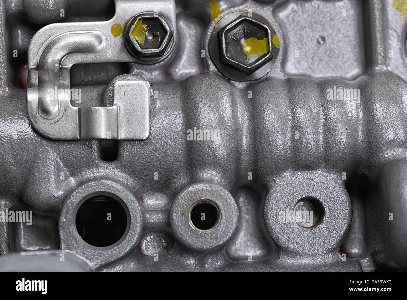 Mechanical part with metal components and hydraulic valves Stock Photo