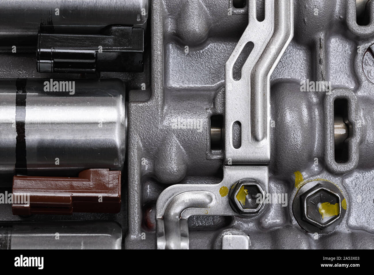 Mechanical part with metal components and hydraulic valves Stock Photo