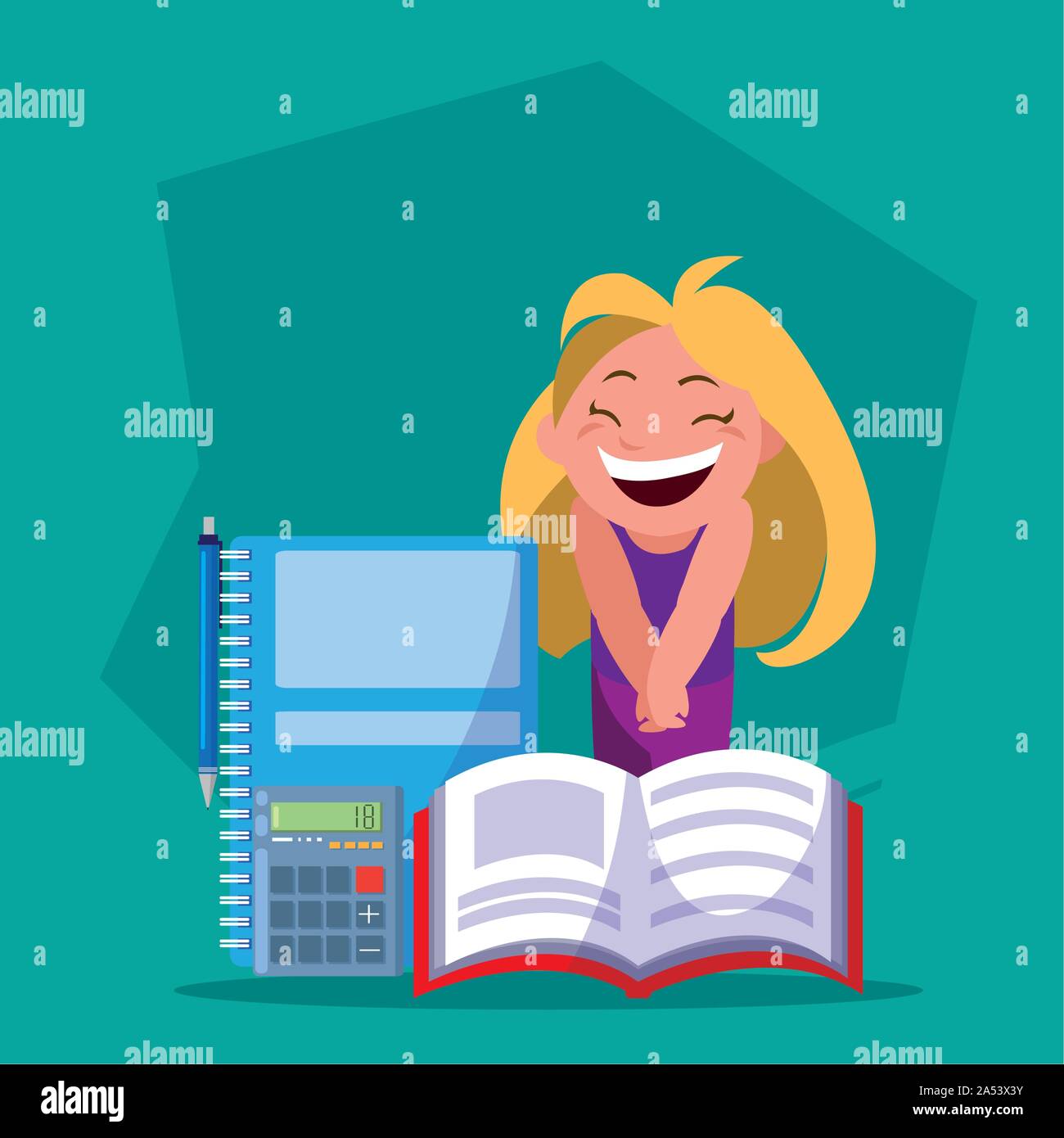 student girl with school supplies, back to school vector illustration ...
