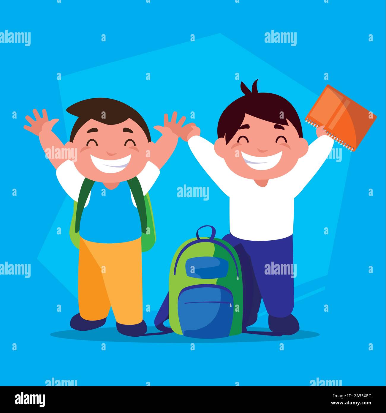 student boys with school supplies, back to school vector illustration ...
