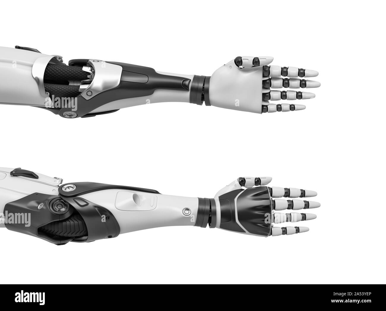 3d rendering of two robot arms with hand fingers held straight and compact for a tight handshake. Stock Photo