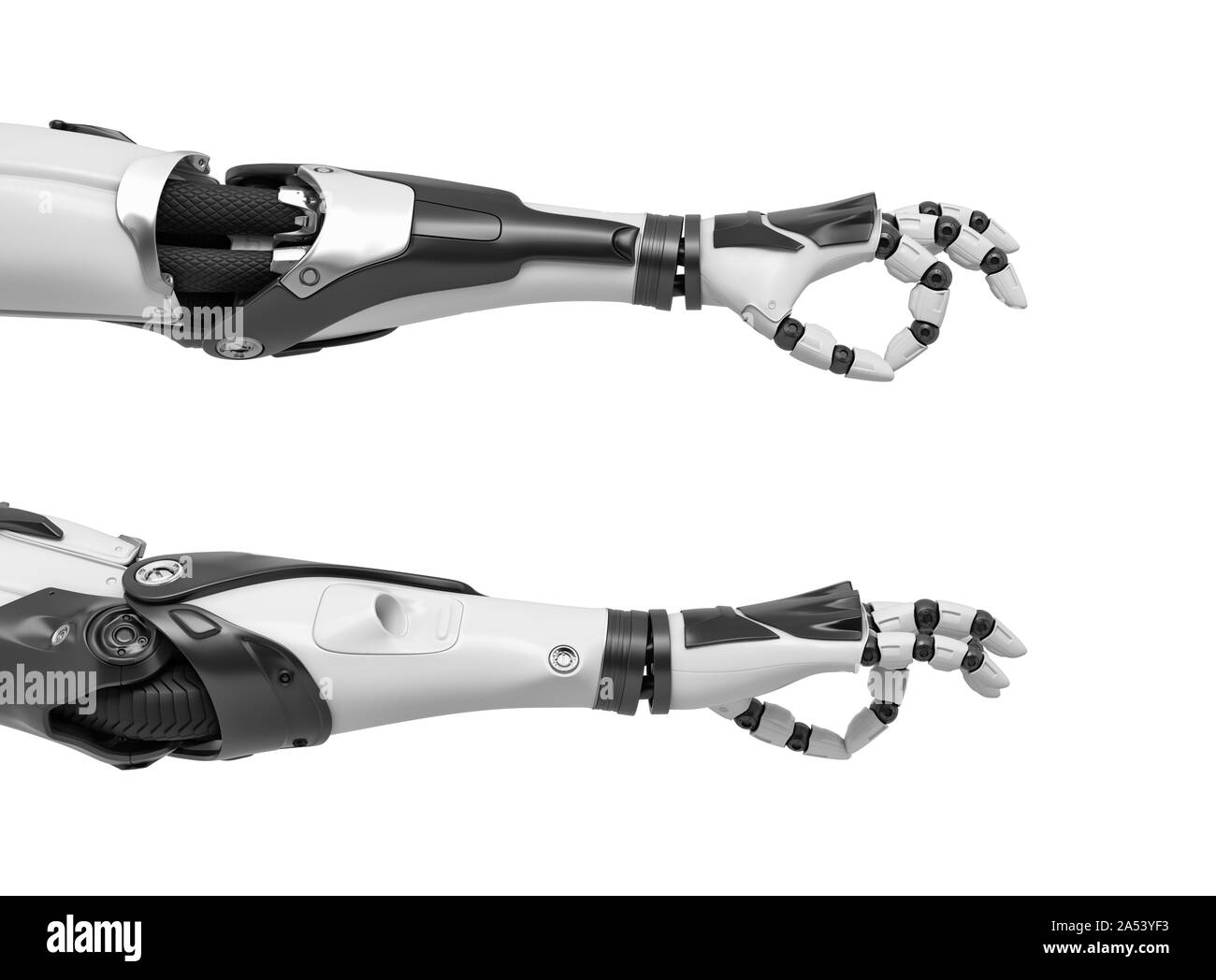 3d rendering of two robot arms with hand fingers in Ok gesture from back and front side of the palm. Stock Photo