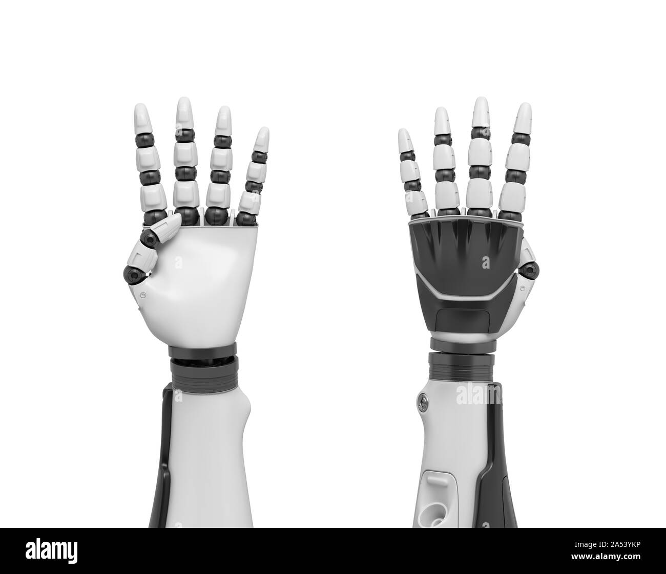 3d rendering of two robotic arms with all fingers sticking out except the thumb. Stock Photo