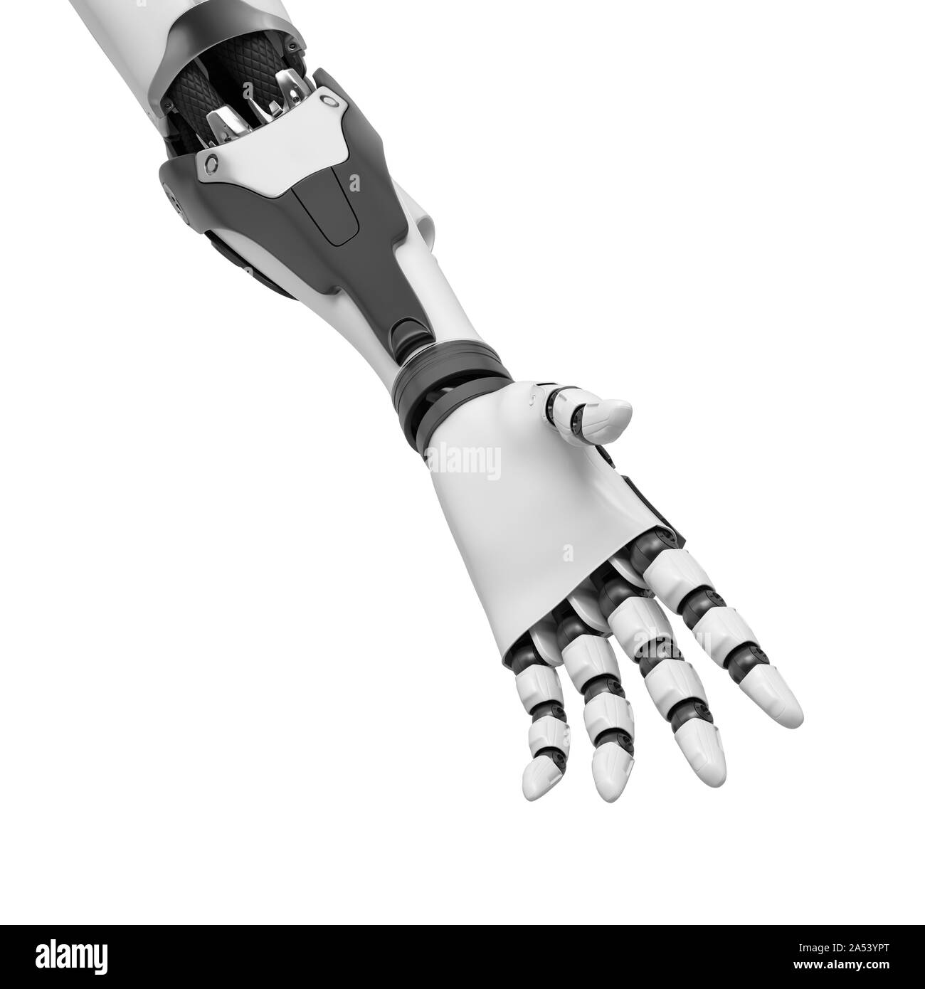 3d rendering of a black and white robotic hand reaching with open palm and relaxed fingers in close-up. Stock Photo