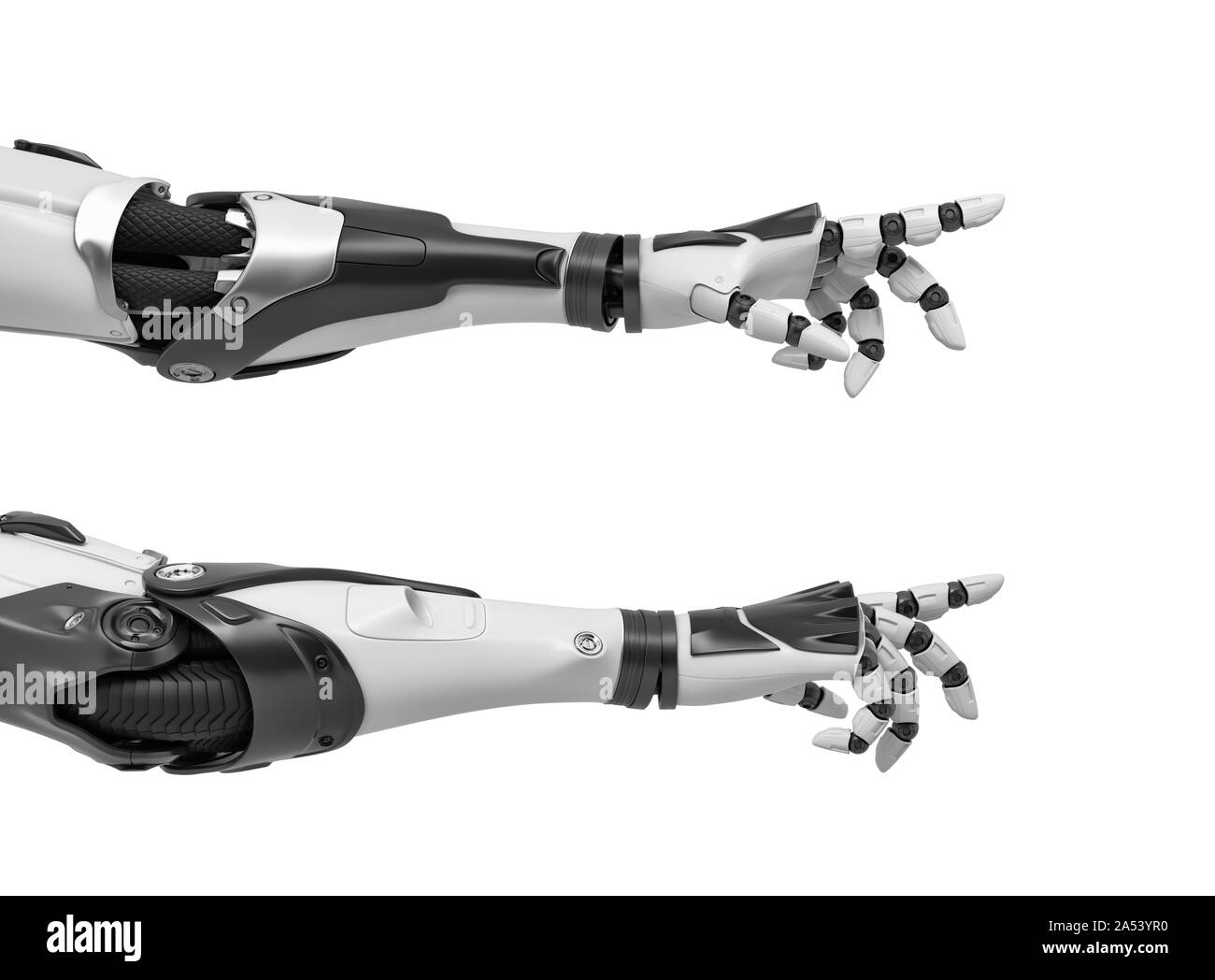 3d rendering of two black and white robotic hands reaching out with its fingers as if to touch something. Stock Photo