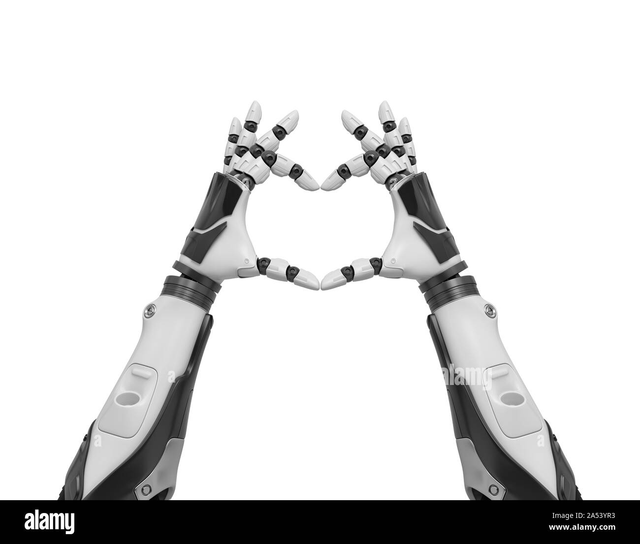 3d rendering of two black and white robotic hands forming a heart shape with its fingers. Stock Photo
