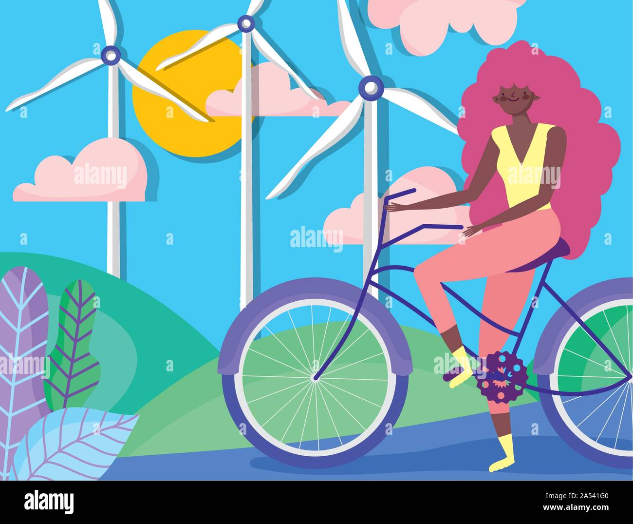 woman riding bike field turbine wind transport energy ecology vector