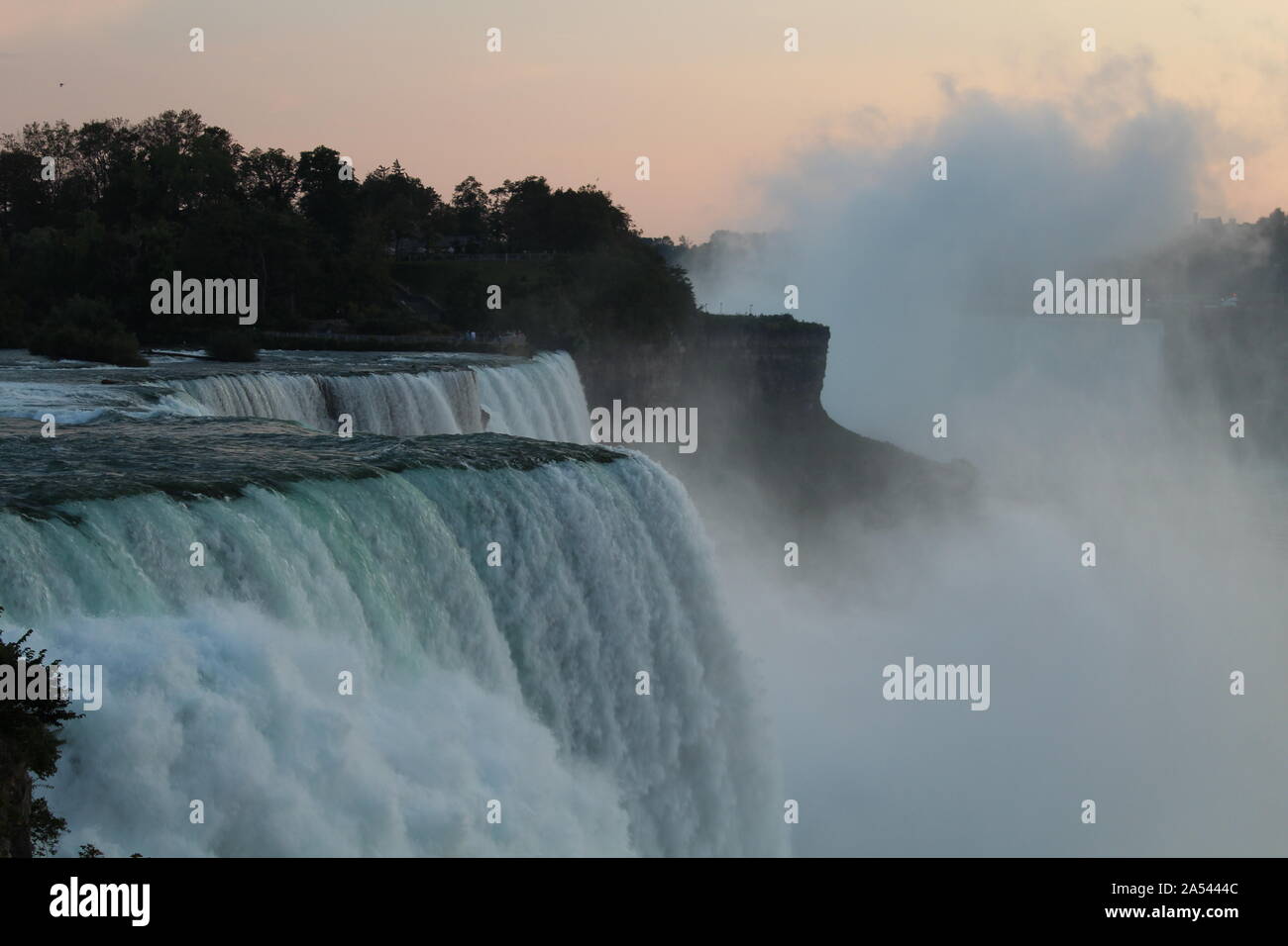 Close up of Niagara falls viewed from usa in twilight, captured as a frozen view of the water Stock Photo