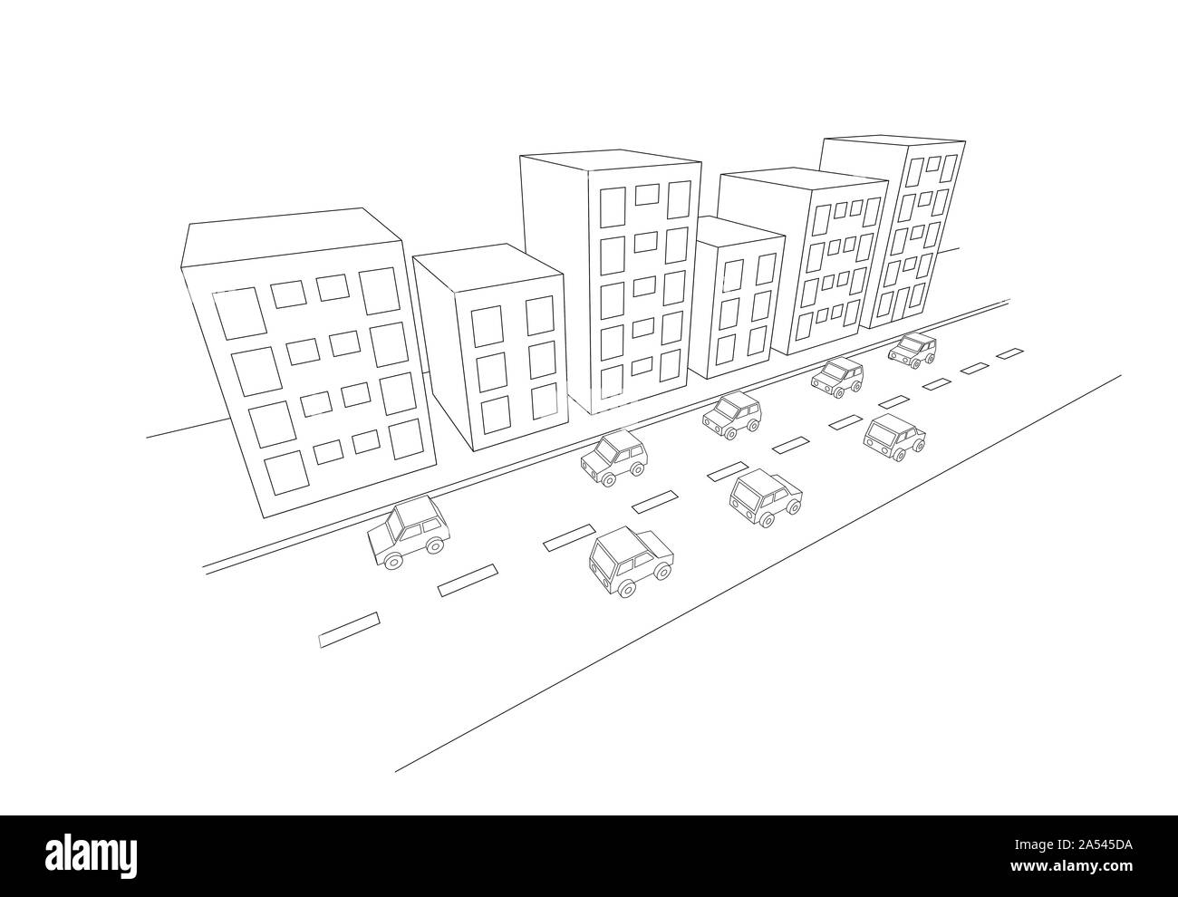 3D city aerial view, black and white line drawing Stock Photo