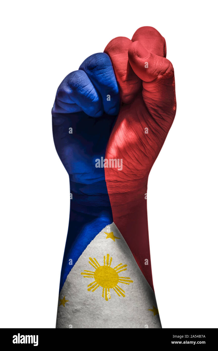 Raised Fist Of A Philippine Flag Filipino Hand Showing A Symbol Of Strong Independence Close Grip Hand Painted In A Filipino Flag In White Isolated Stock Photo Alamy