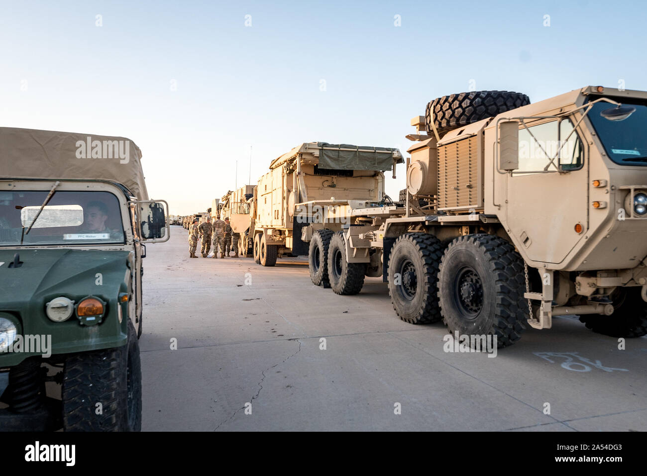 Members of the 3rd Battalion, 2nd Air Defense Artillery Regiment wait to conduct movement process assembly operations on Fort Sill, Okla., Oct. 16, 2019.  The battalion is preparing to go to the field later this month. Stock Photo