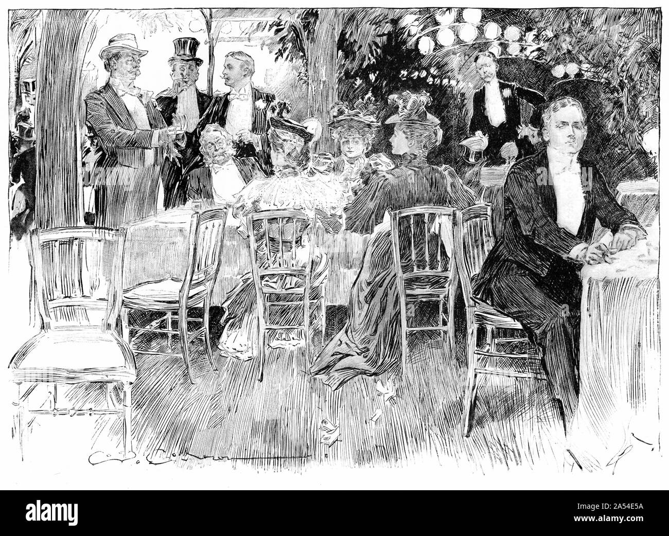 Halftone of patrons enjoying their time at an outdoor cafe. From Harper's magazine 1895 Stock Photo