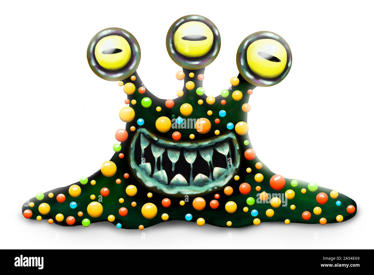 Funny and scary monster bacterium, cartoon children's toy hero for Halloween, isolated on white background. Toothy, slobbering, many eyed character. Stock Photo