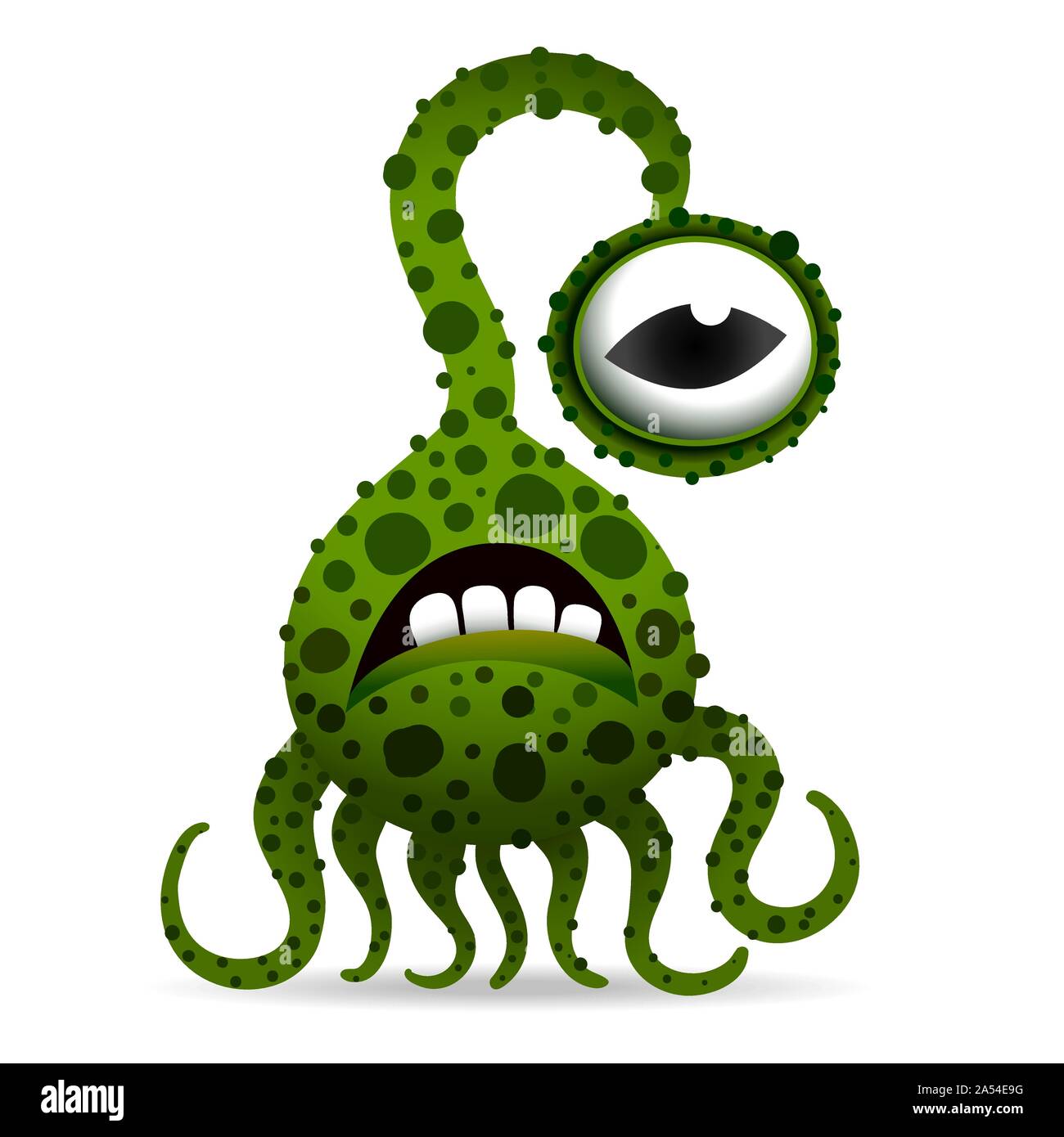 Funny and scary bacteria monster with tentacles, cartoon children s toy hero for Halloween, isolated on white background. Toothy green alien with only Stock Vector