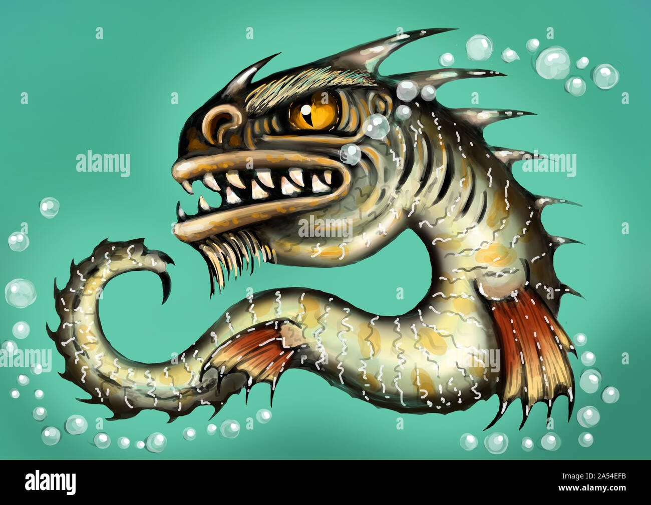 Sea monster water dragon fish mutant. Scary deep demon. Color illustration. Stock Photo