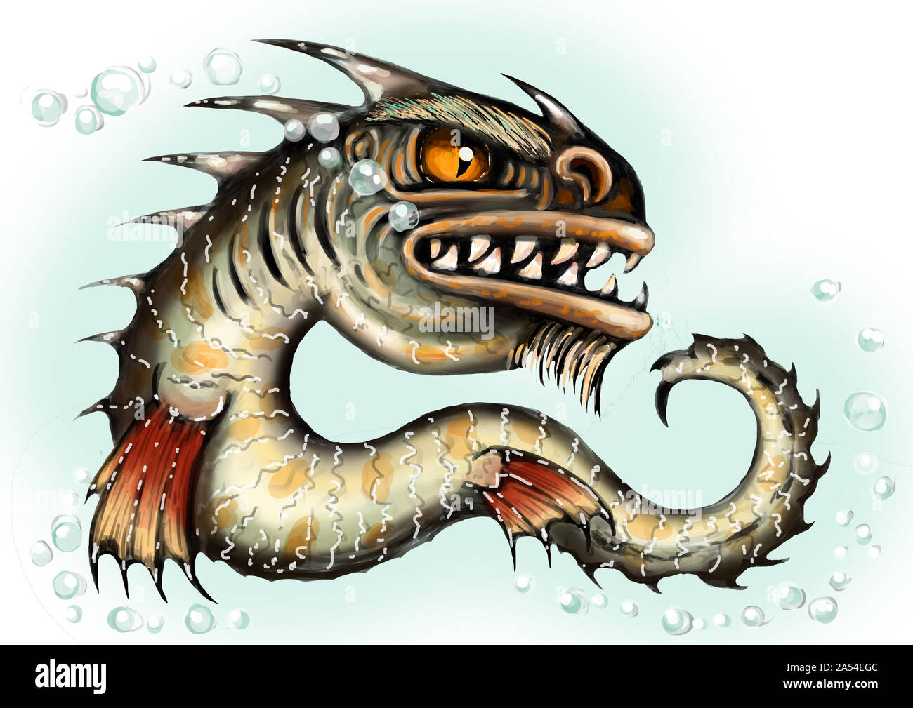 Sea monster water dragon fish mutant. Scary deep demon. Evil bloodthirsty character in Halloween. Color illustration. Stock Photo
