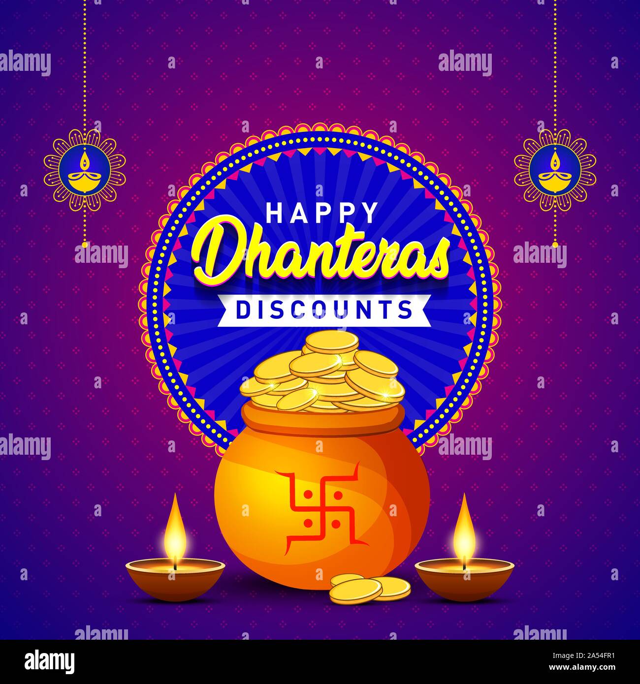 Happy Dhanteras Discounts Banner. Diwali Festival with Gold coins pot, Sale Offer, Logo design, Sticker, Concept, Greeting Card Template, Icon, Poster Stock Vector