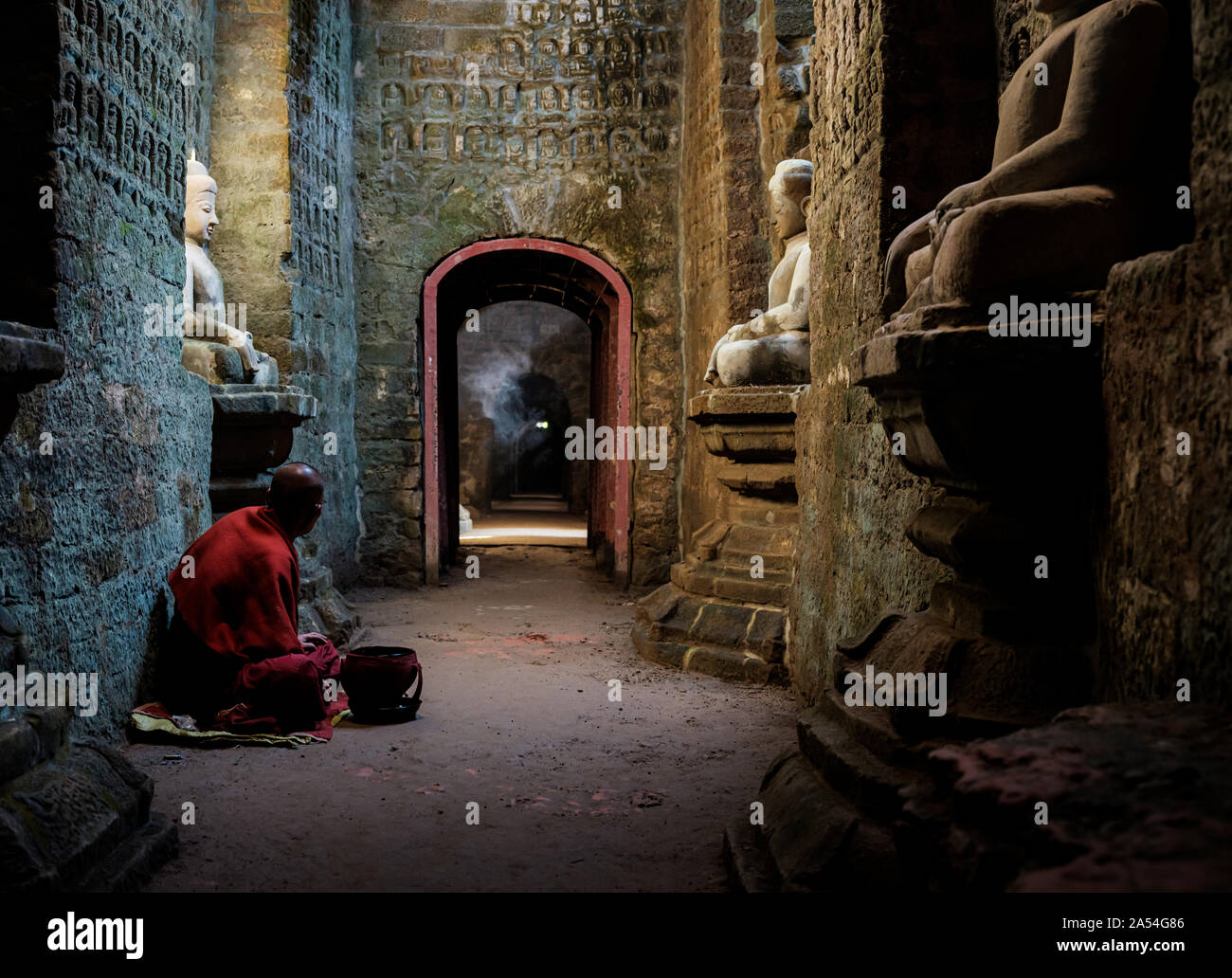 MRAUK U, MYANMAR - CIRCA DECEMBER 2017: Monk inside the Koe Thaung Pagoda In Mrauk U, Rakhine State. Stock Photo