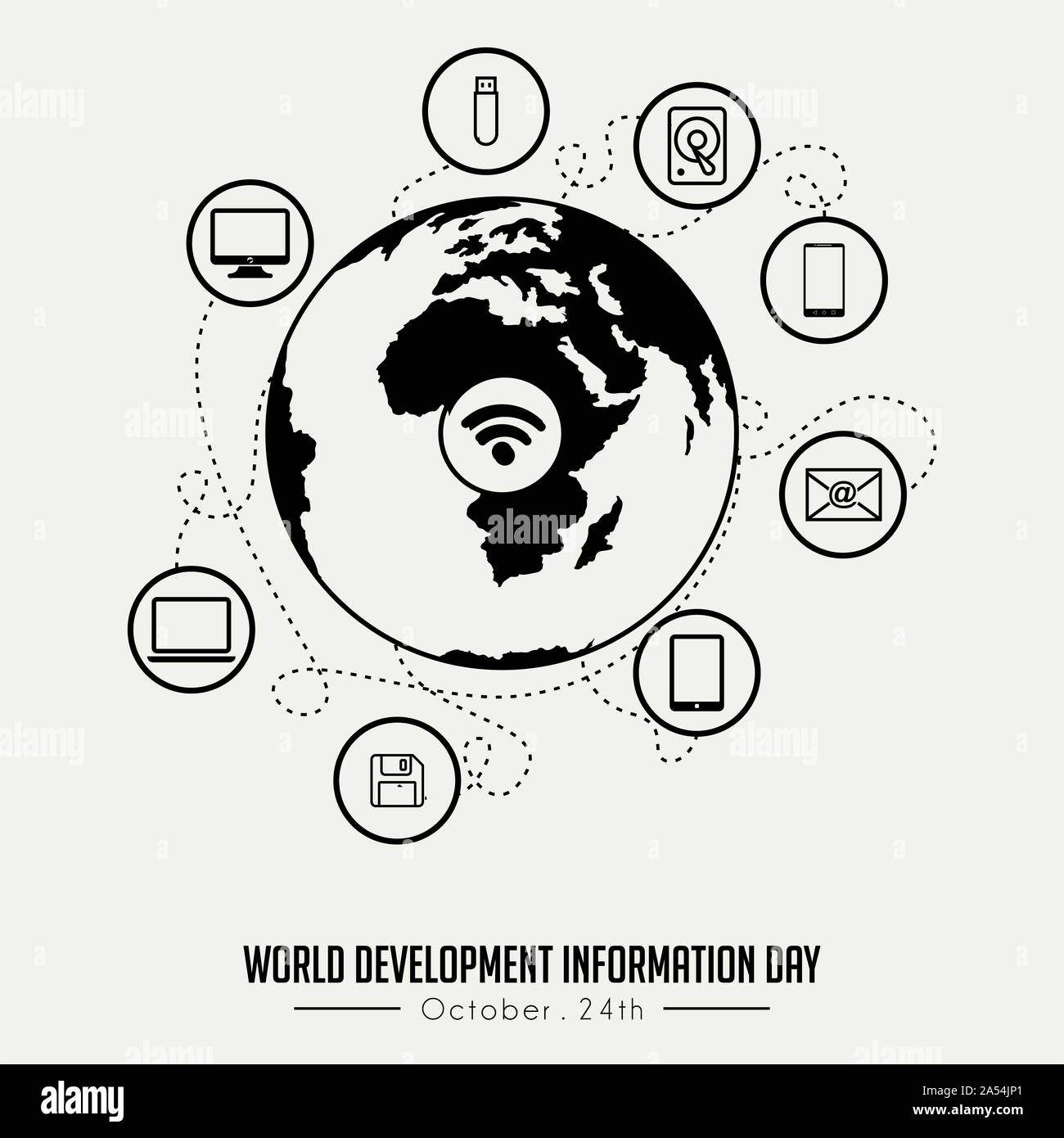 Outline (Line art) World Development Information Day with Globe and flying technology Information outline icon Stock Photo