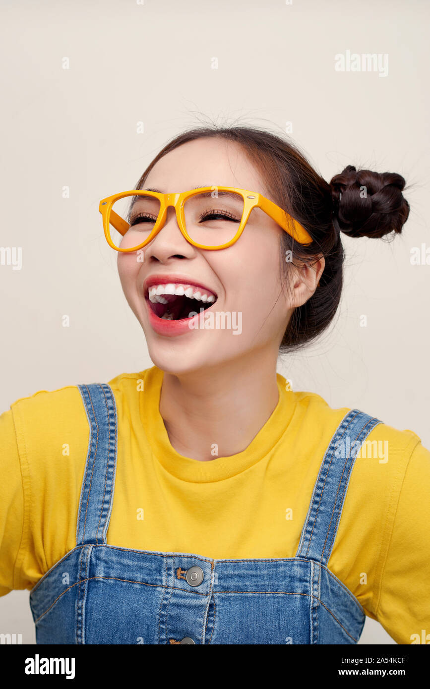 Close Up Beautiful Young Asian Woman Laugh Out Loud With Two Hair