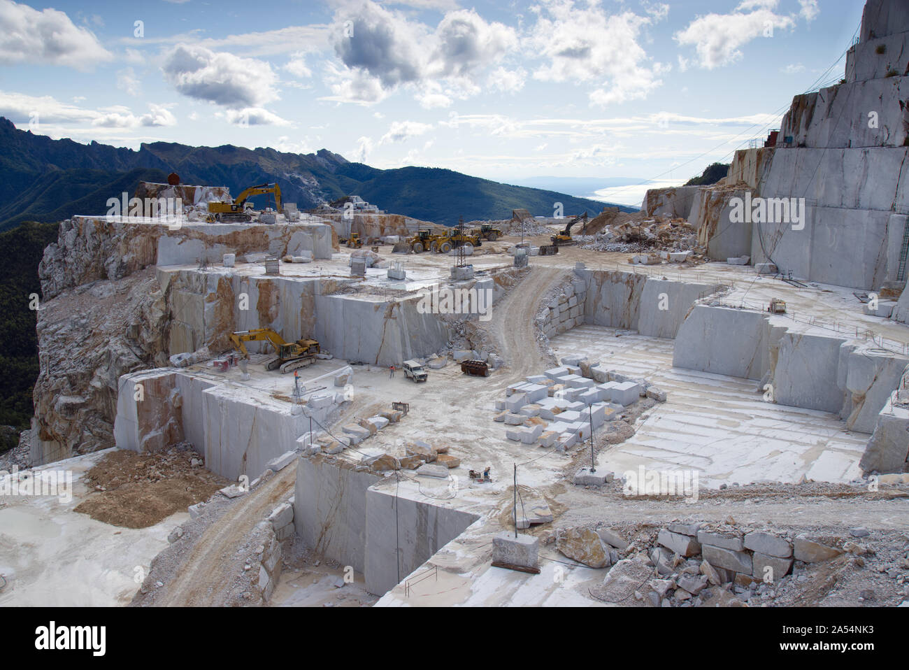 October 7, 2019 - Carrara, Italy: Mining of white marble in the mountains. Italian (Carrara) white marble is a famous building and sculpting material Stock Photo