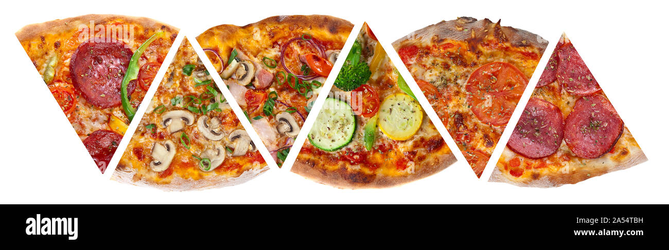 Six pieces of different pizzas. Top view. Isolated on a white background. Stock Photo