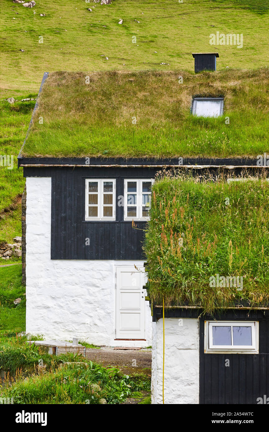 Traditional faroe islands turf houses with black wooden facades