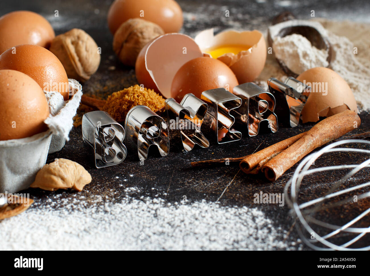 Ingredients and utensils for baking close up Stock Photo