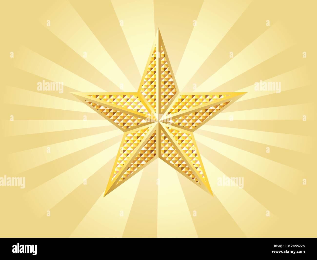 Shiny golden star on yellow background with rays. Stock Vector