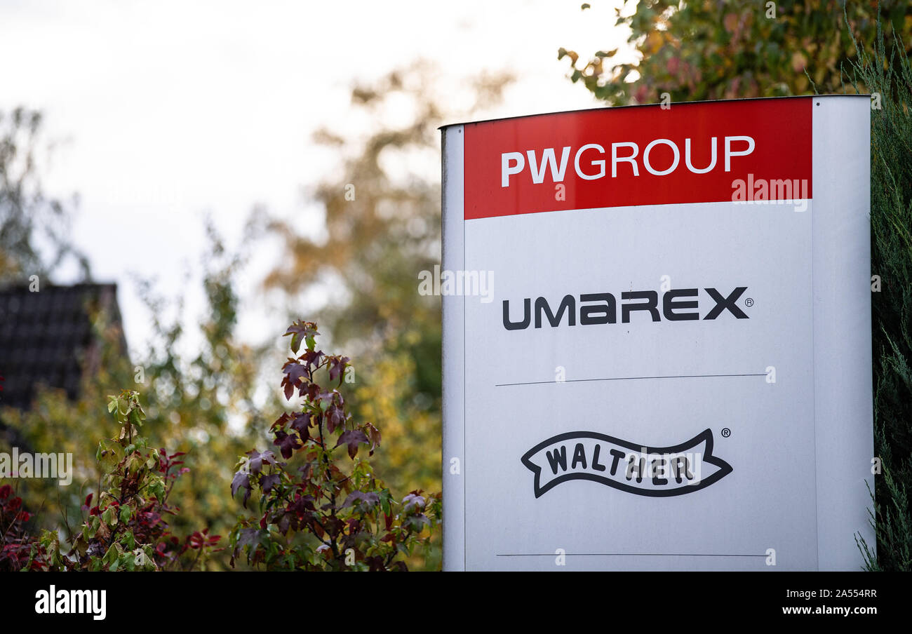 17 October 2019, North Rhine-Westphalia, Arnsberg: The PW Group's weapons manufacturer Umarex also has the Walther brand on a sign. Because for years he is said to have smuggled pistol parts from a weapons manufacturer's factory, assembled and sold them, a 47-year-old man is now on trial in Arnsberg, Sauerland. Since 2015, the long-time employee of the Arnsberg-based sporting weapons manufacturer Umarex has been reported to have repeatedly stolen design drawings and weapon parts from his former employer and assembled them into functional weapons at home. Five other men - some from the rocker s Stock Photo