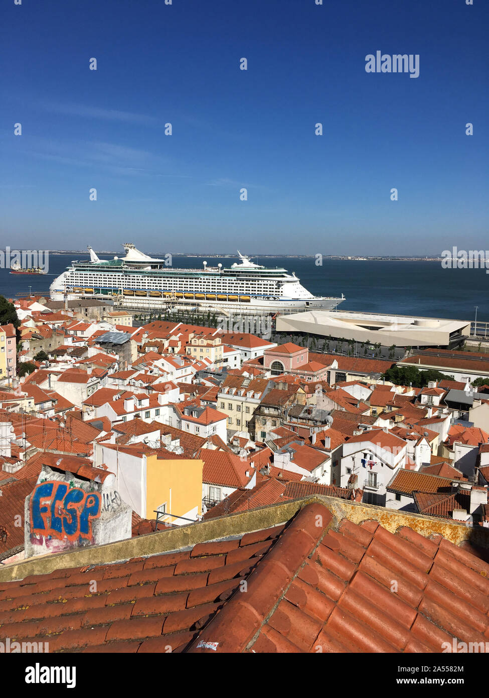“Explorer of the seas” docked in Lisbon, is a Voyager-class cruise ship owned by Royal Caribbean International and was completed in 2000. Stock Photo