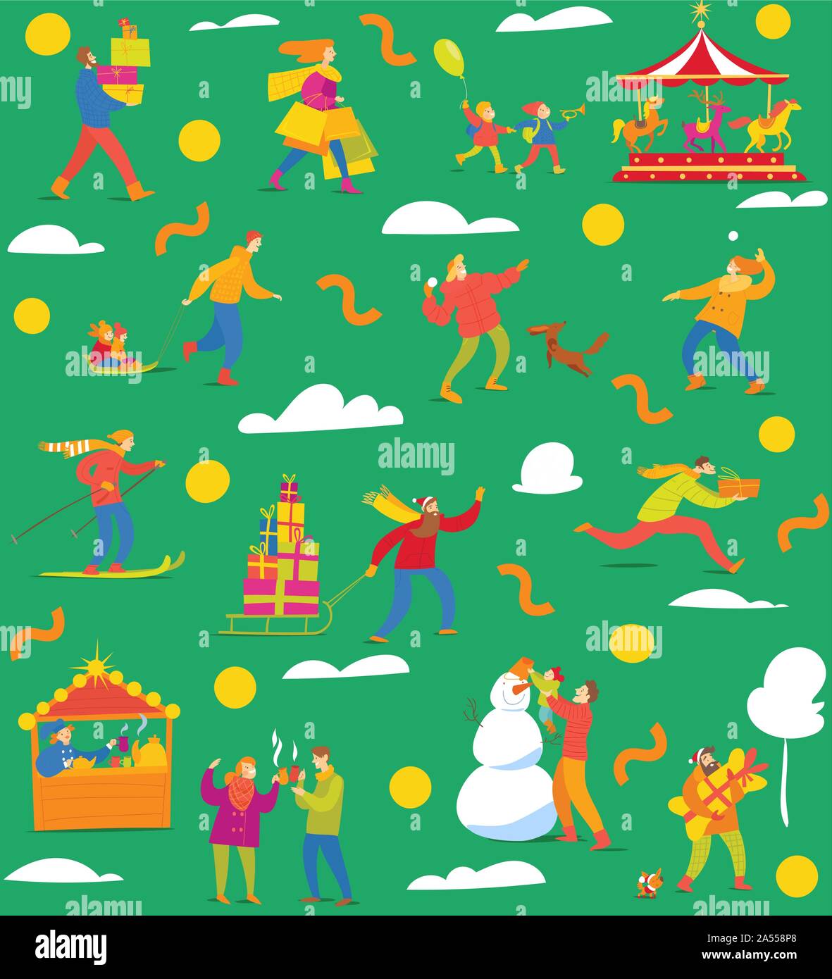 Winter seamless pattern with people for Christmas abstract flat style Stock Vector