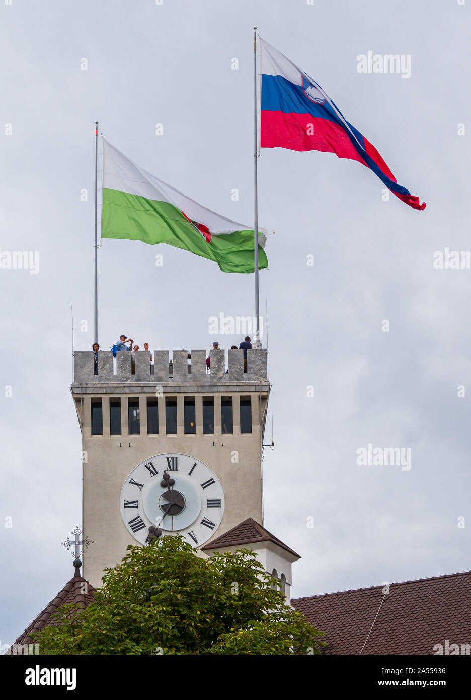 Tower with flags Ljubljana Castle, Ljubljana Solvenia Stock Photo