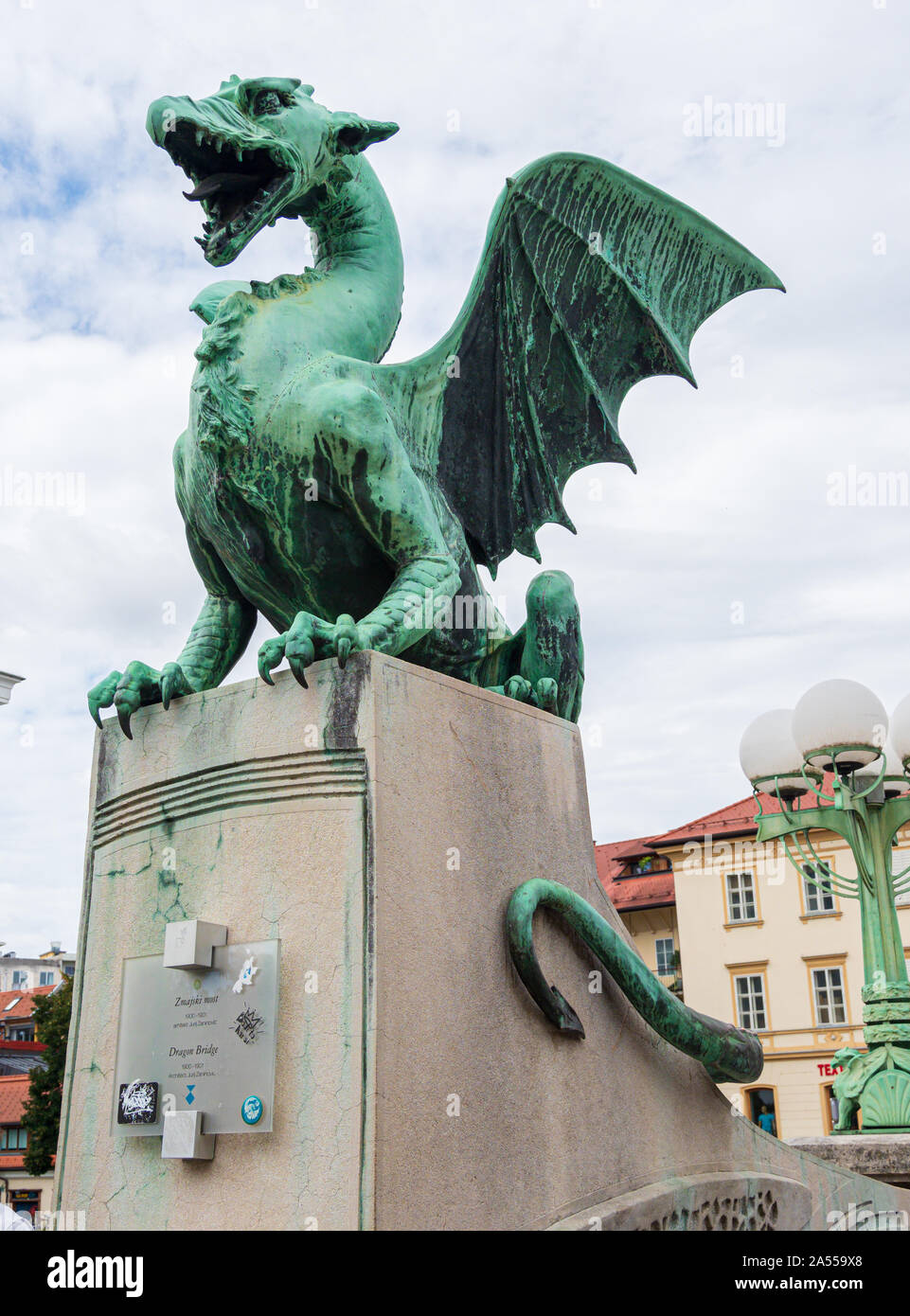 Statue on the Dragon Bridge in Ljubljana, Slovenia Stock Photo