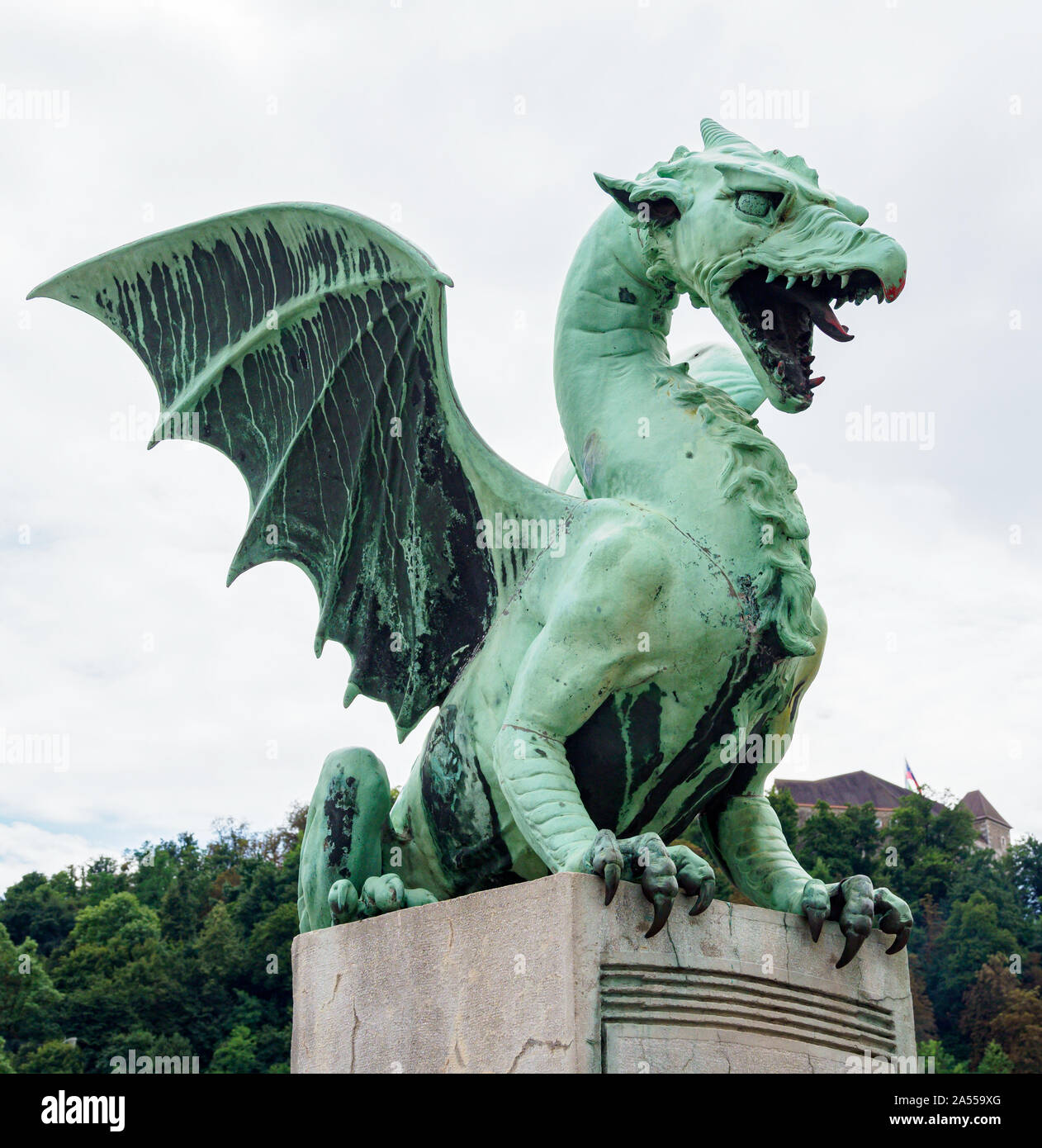 Statue on the Dragon Bridge in Ljubljana, Slovenia Stock Photo