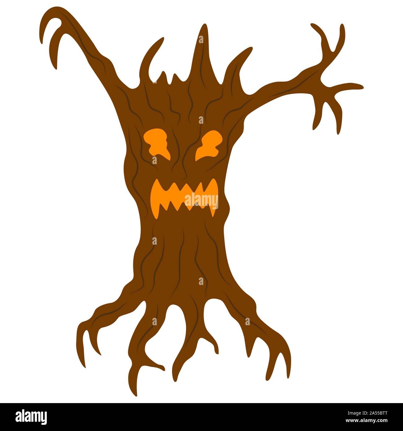 Tree monster with sparkling eyes and open mouth. Illustration for  Halloween. Branches like hands, scary look Stock Photo - Alamy