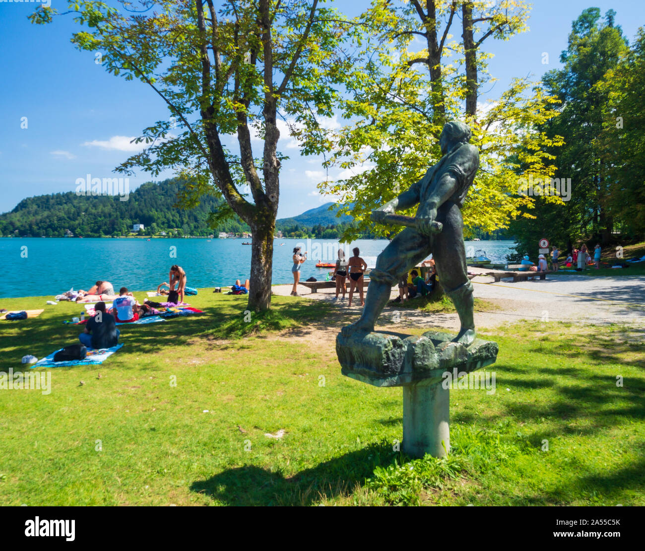 Olympic Rowing centre with bathers. Lake Bled in Upper Carniola, Slovenia Stock Photo