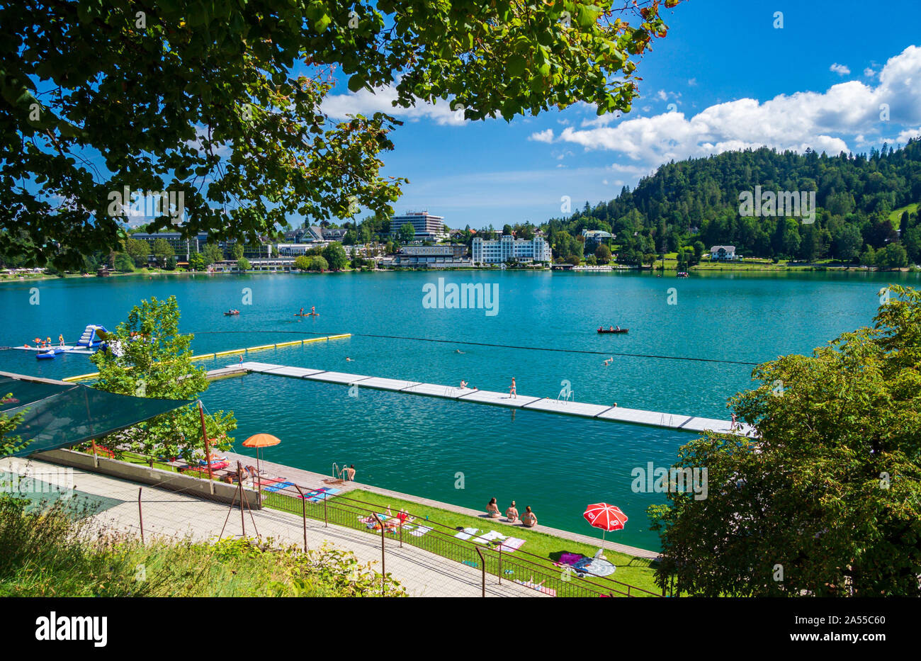 Lake Bled with Bathers in Upper Carniola, Slovenia Stock Photo