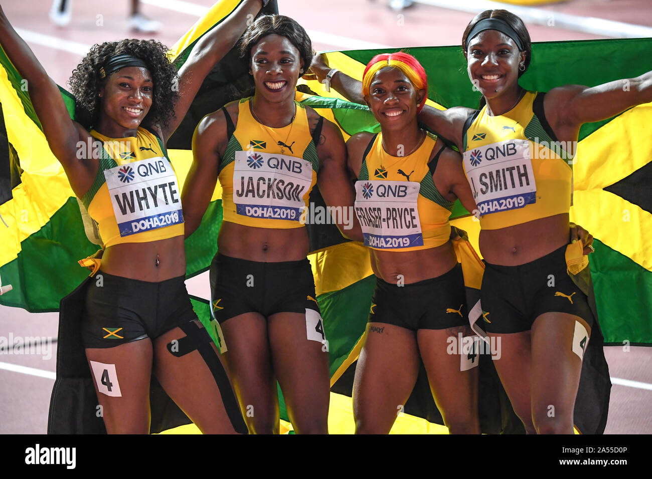 Natalliah Whyte, Shelly-Ann Fraser-Pryce, Jonielle Smith, Shericka Jackson (Jamaica). 4x100 relay Gold Medal. IAAF World Athletics Championships, Doha 2019 Stock Photo