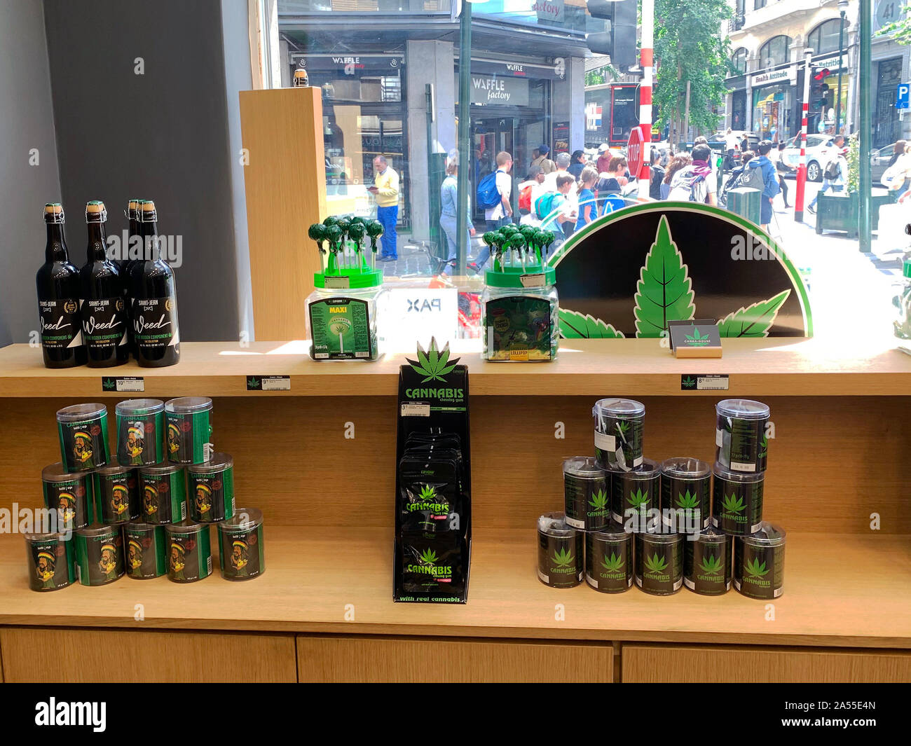 Brussels /Belgium - July 9, 2019: Cannabis shop products in the center of Brussels. Weed products in retail store. Stock Photo