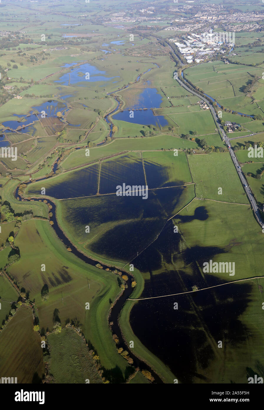 aerial view of the flooding of the River Aire south of Skipton, North Yorkshire, UK Stock Photo