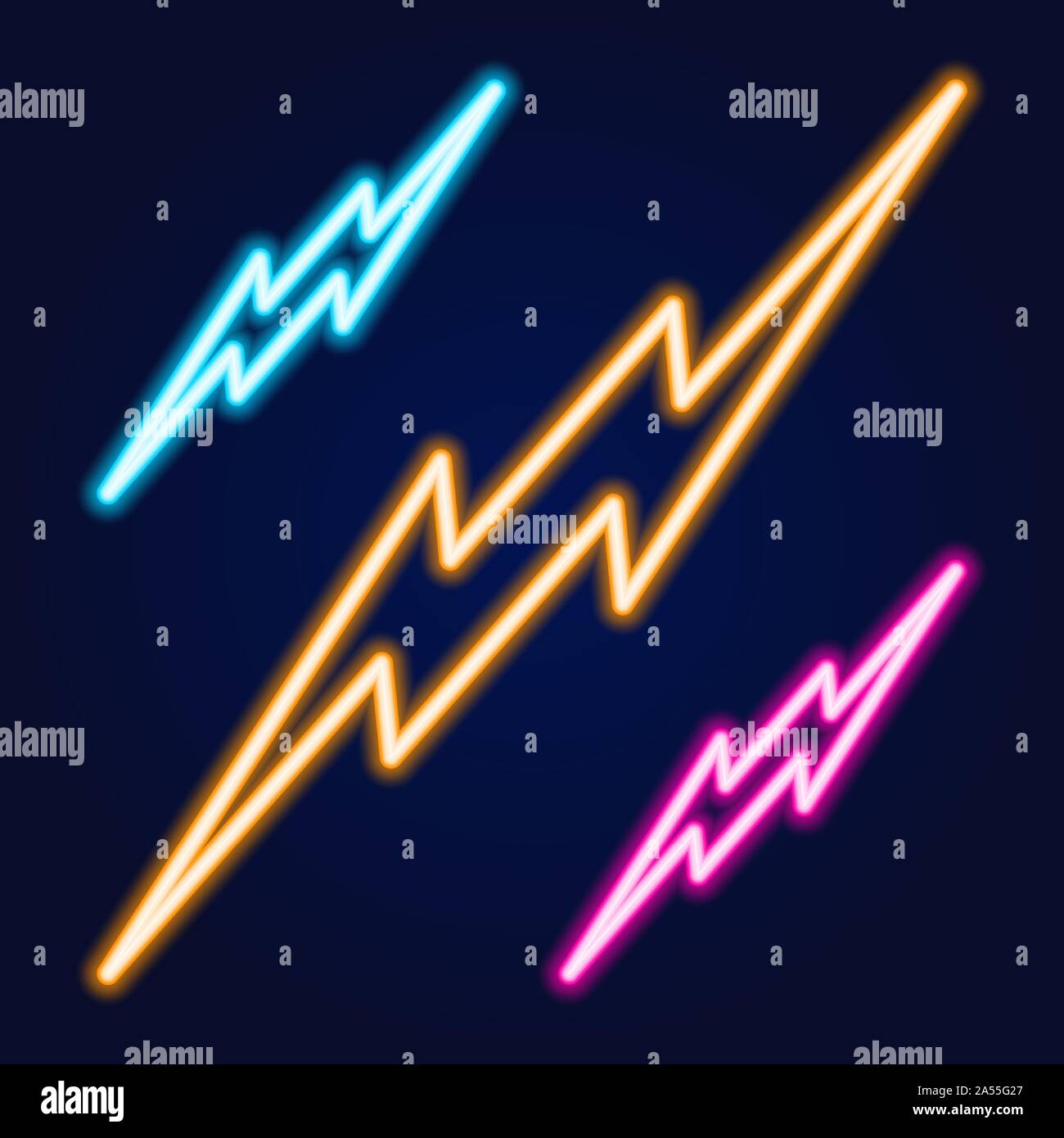 Lightning bolt set neon signs. Vector design template. Highvoltage