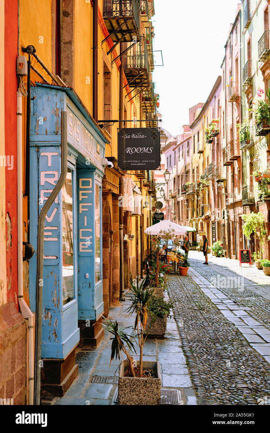 The colourful architecture and narrow streets of Bosa town in the province of Oristano on the west coast of Sardinia Italy Europe Stock Photo