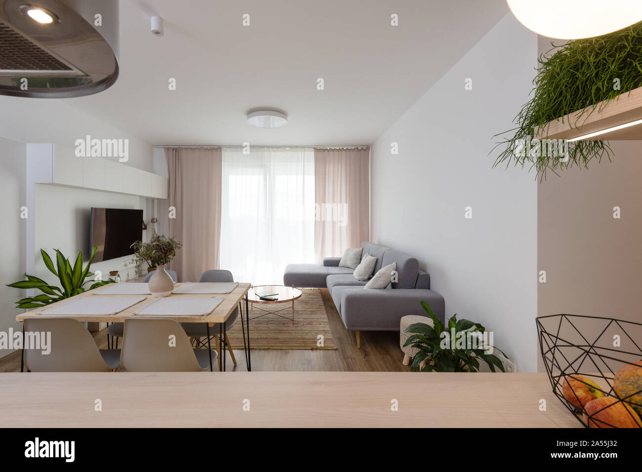 Dining table between kitchen and living room in contemporary apartment