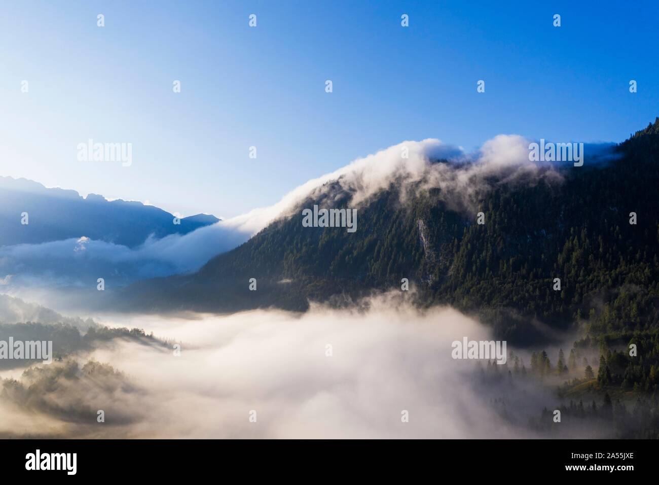 Grunkopf, summit covered in fog, Ferchenseewande, near Mittenwald, aerial view, Werdenfelser Land, Wetterstein range, Upper Bavaria, Bavaria Stock Photo