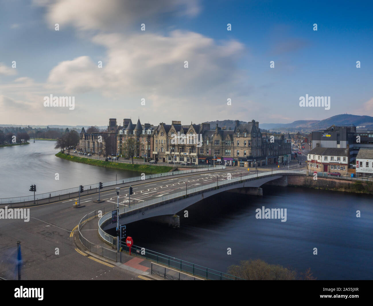 Inverness bridge with no traffic on a sunny cloudy day 2019, scotland, UK taken with long shutter speed looking south Stock Photo