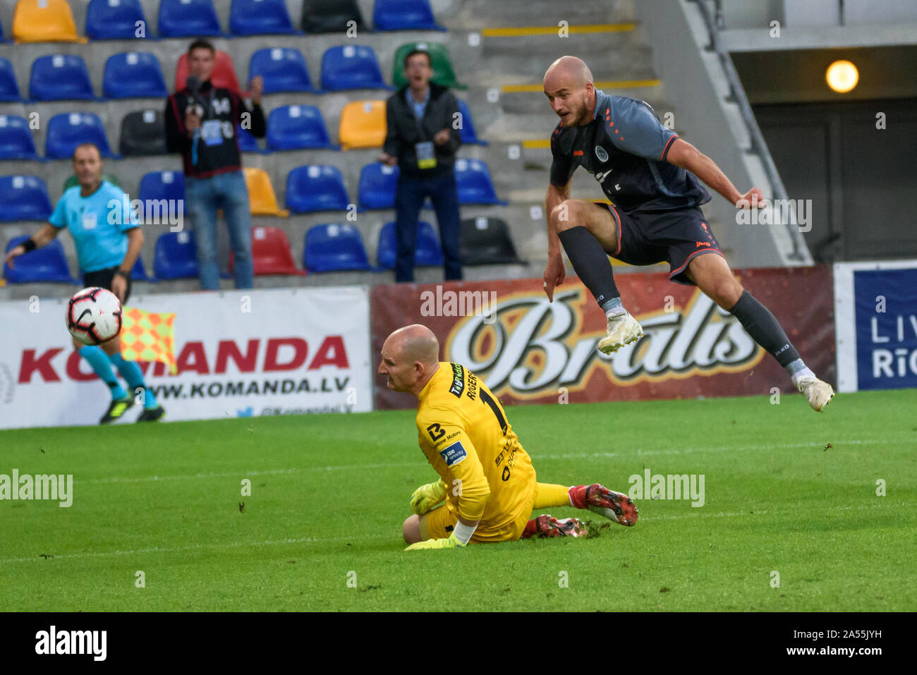 RIGA, LATVIA. 17th of July, 2019. Gary Rogers (L) and Roman Debelko (R), during UEFA Champions League 1st round 2nd leg football game between RIGA FC and DUNDALK FC. Skonto stadium, Riga Stock Photo